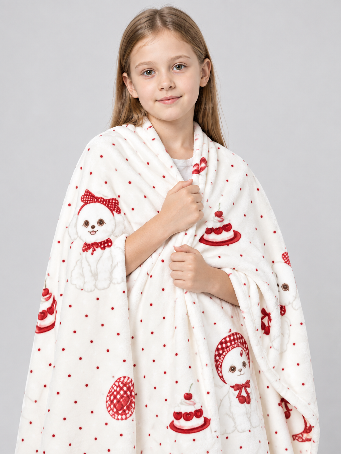 Double-sided blanket with a dog and cherry pastries print