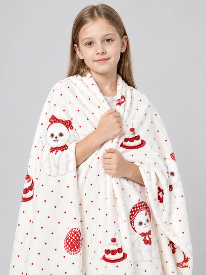 Double-sided blanket with a dog and cherry pastries print