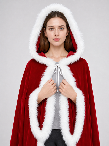 Red Christmas Hooded Cape with Fur Trim