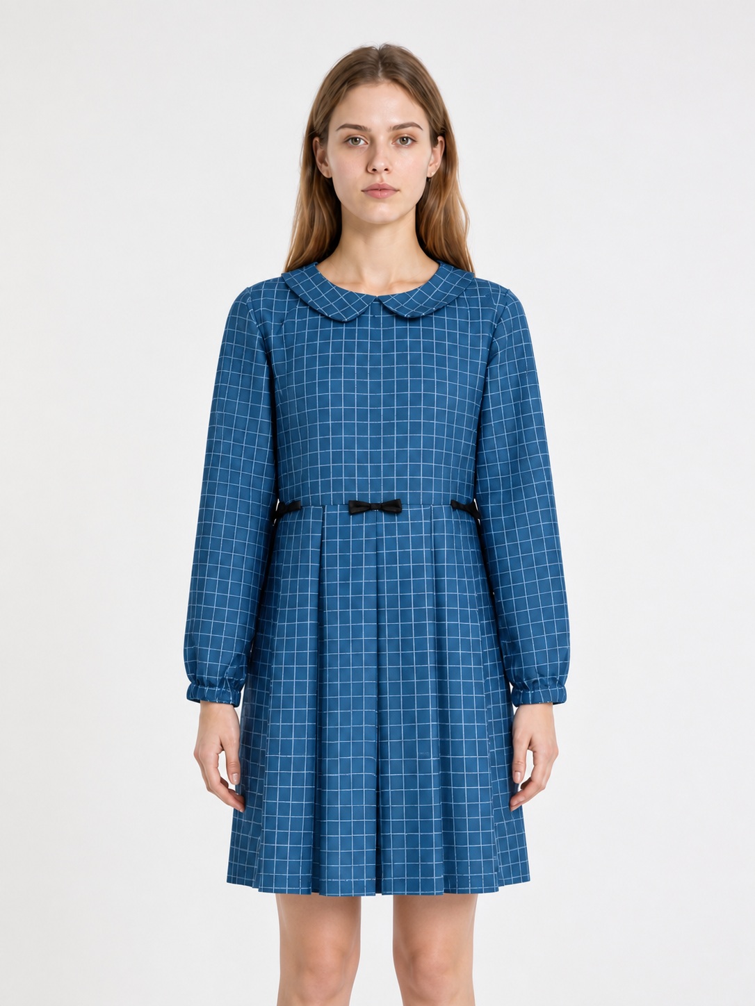 Blue Plaid Dress with Bows and Long Sleeves