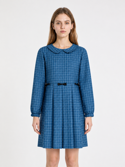 Blue Plaid Dress with Bows and Long Sleeves