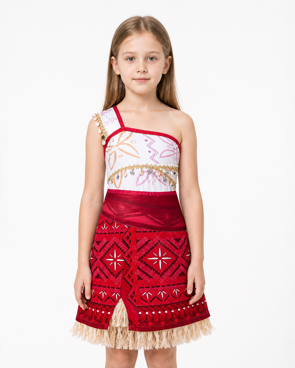 Red Sleeveless Moana-Style Dress with Fringe Costume Dresses detail 3