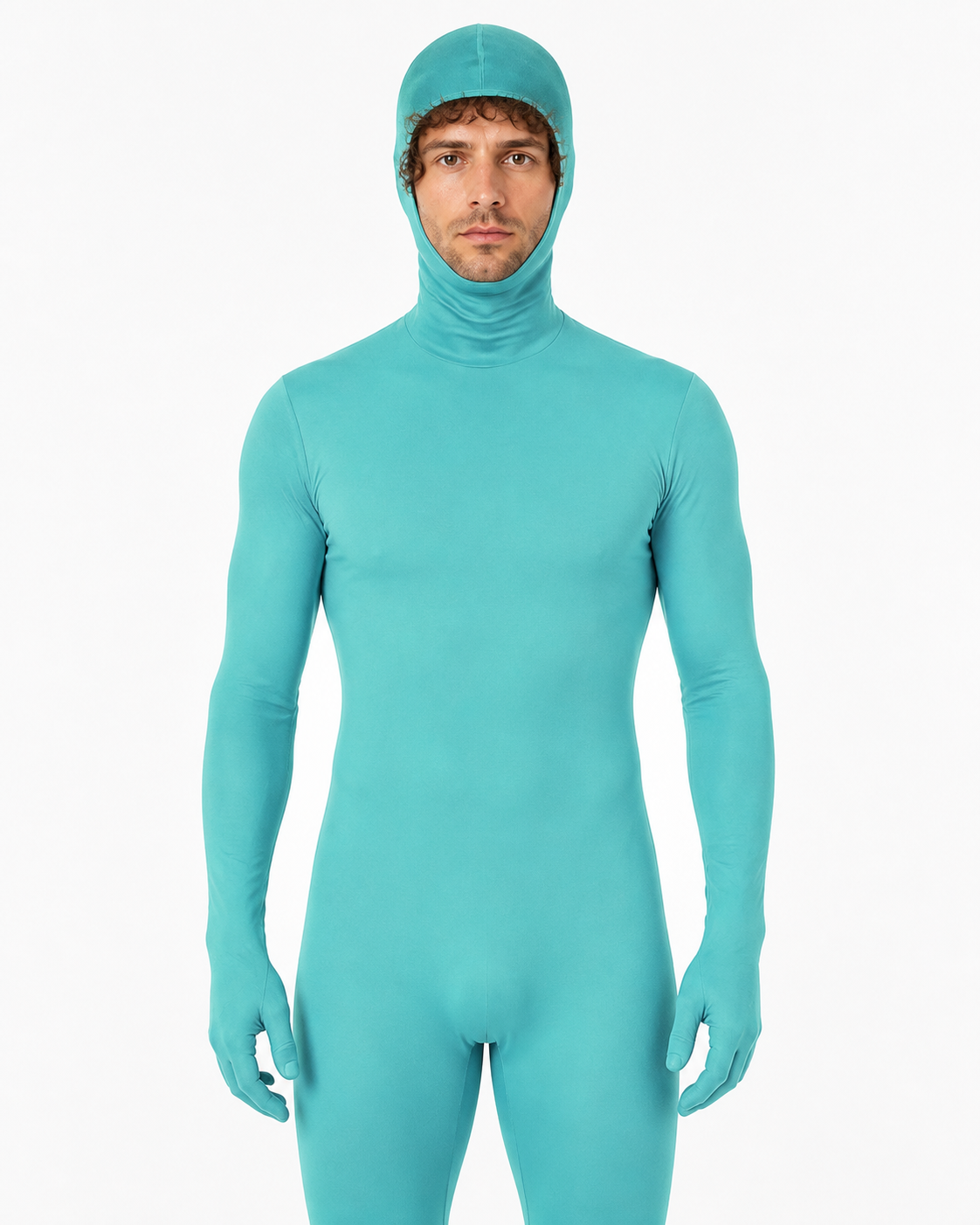 Turquoise Zentai Costume with Hood and Open Face Costumes detail 2