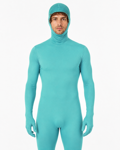 Turquoise Zentai Costume with Hood and Open Face Costumes detail 2