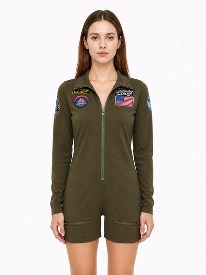 Olive Green Pilot Jumpsuit with Patches and Pockets