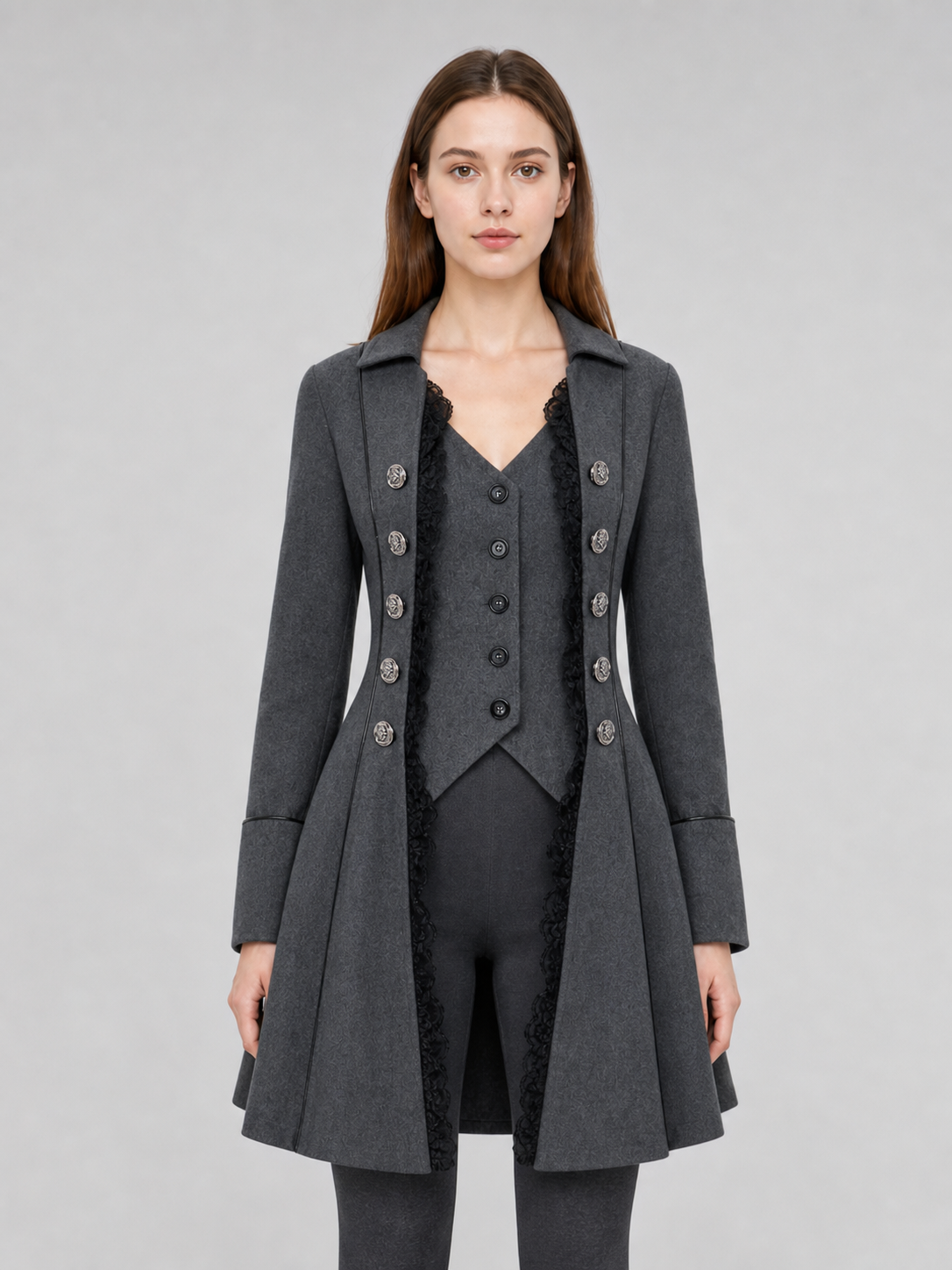 Long Gothic-Style Coat with Lace Trim