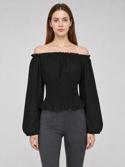 Black off-the-shoulder blouse with ruffles