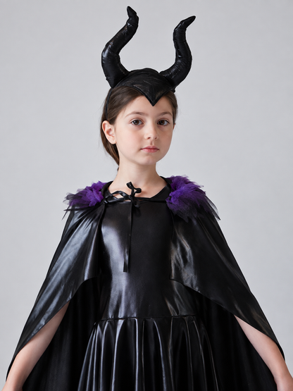 Costume: black dress, cape, headband with horns