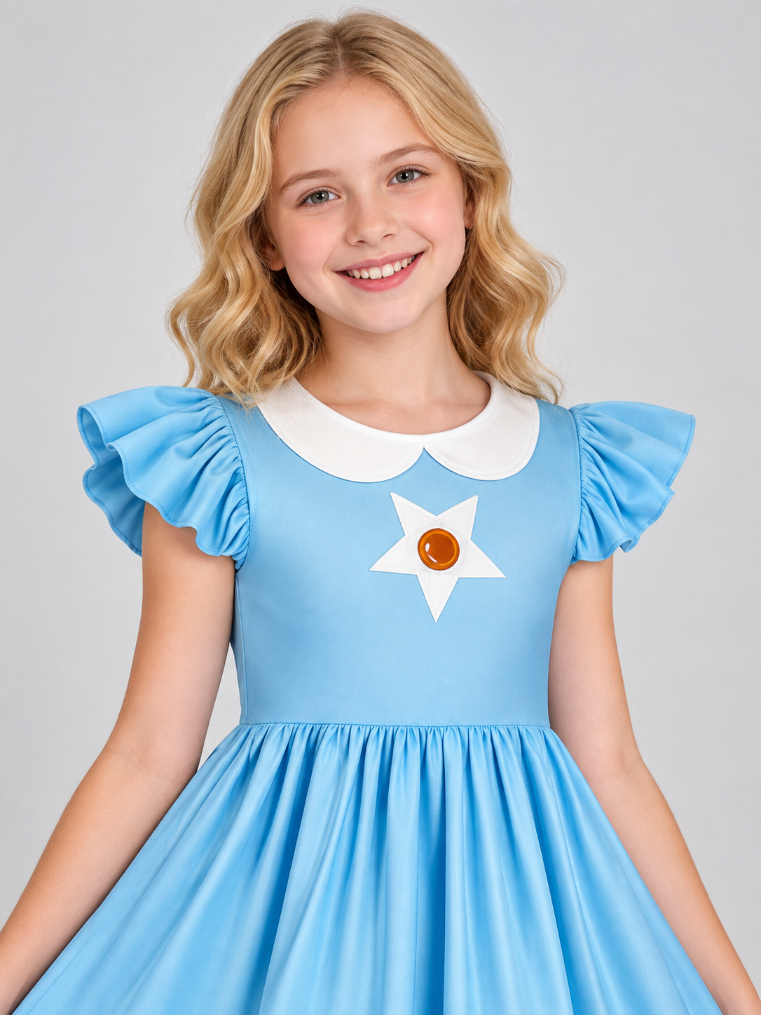 Blue carnival dress with white trim and ruffles