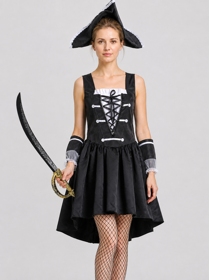 Pirate Dress with Corset, Black with White Trim Costume Dresses detail 3