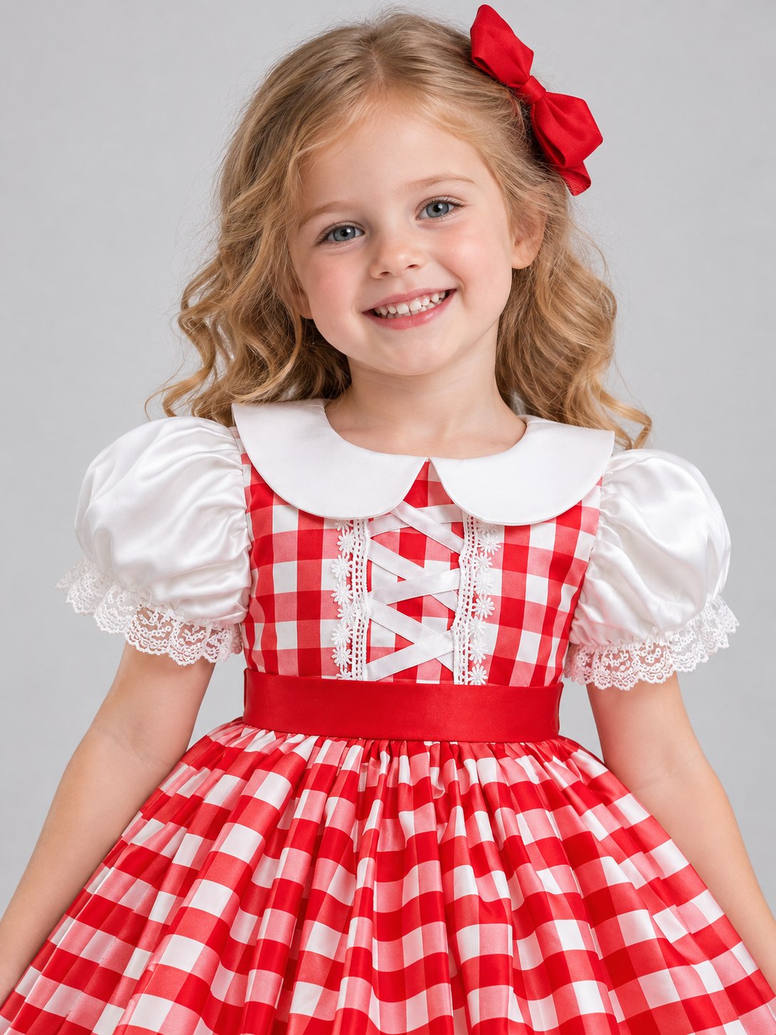 Girls' Holiday Dress in Red and White Check with Bow