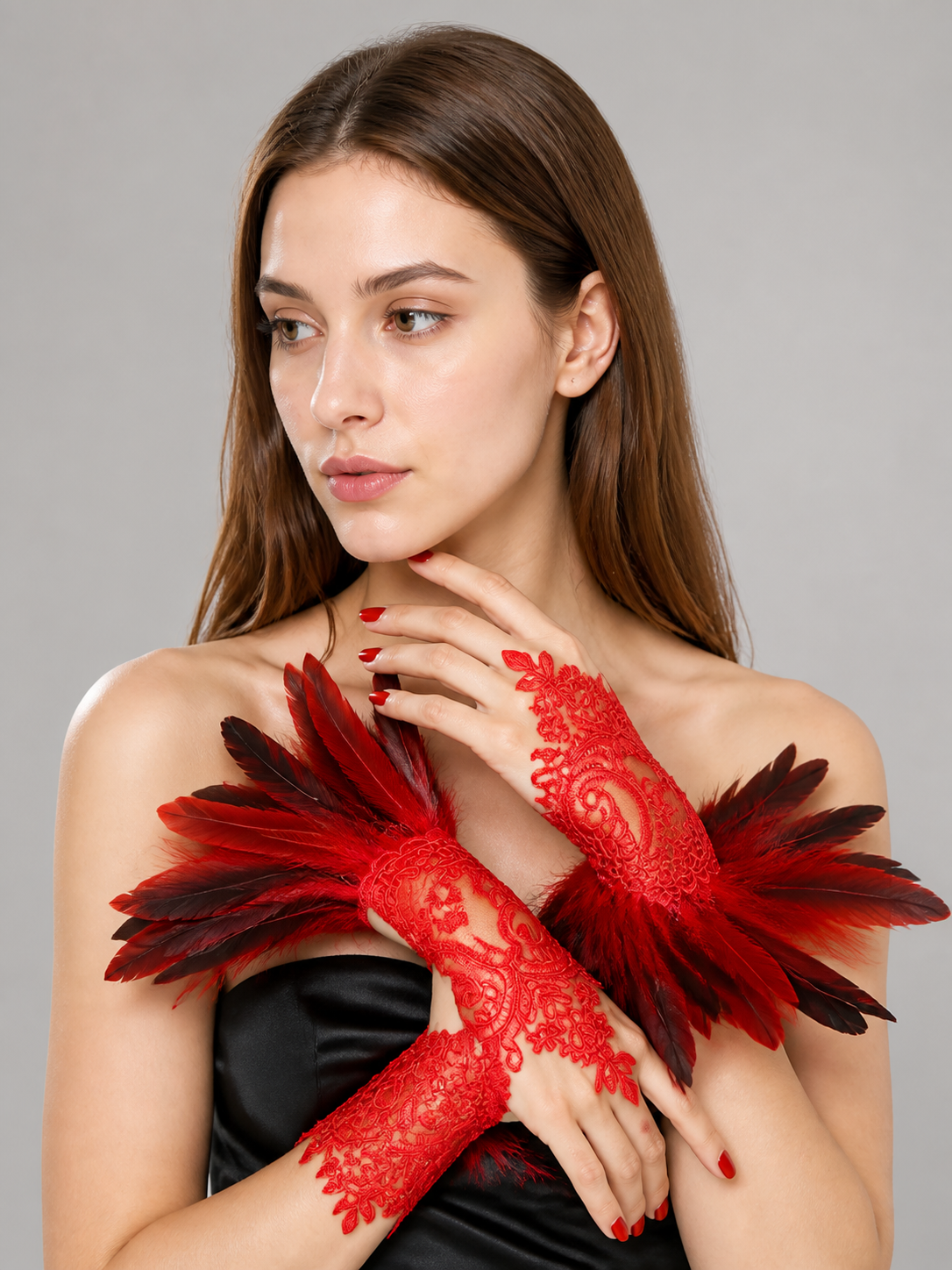 Red Carnival Gloves with Black-and-Red Feathers, Pair