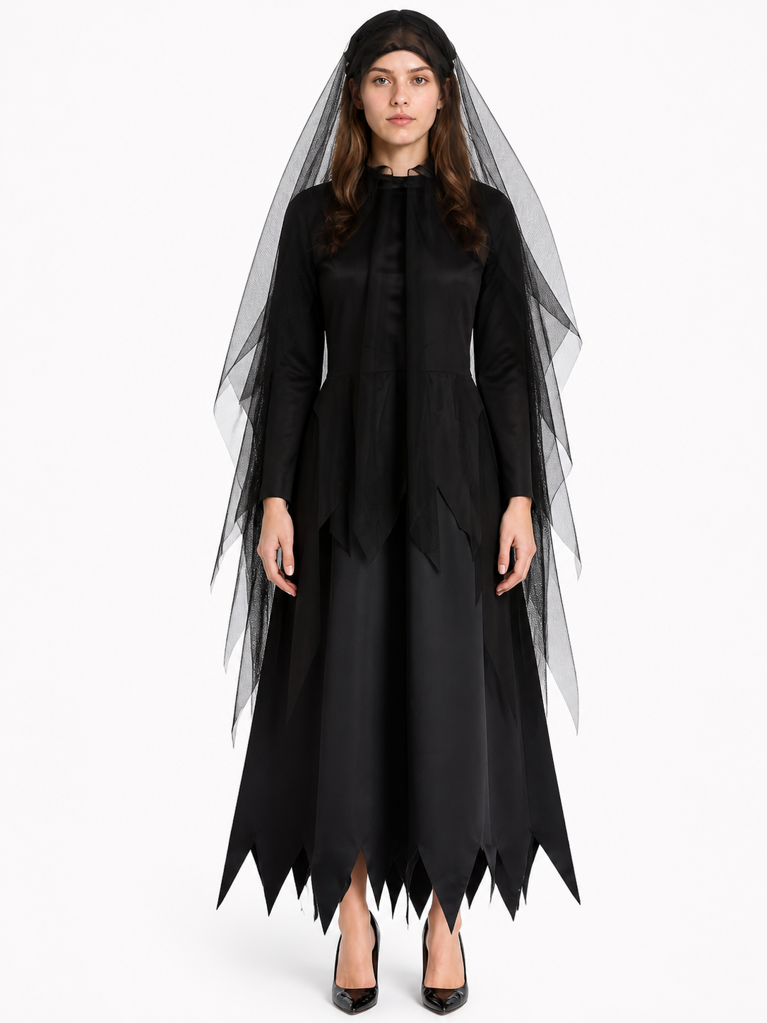 Black Long Hooded Cape with Torn Hem Costume Capes detail 2