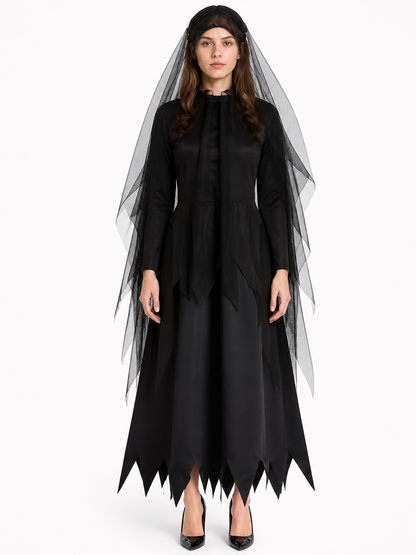 Black Long Hooded Cape with Torn Hem Costume Capes detail 2