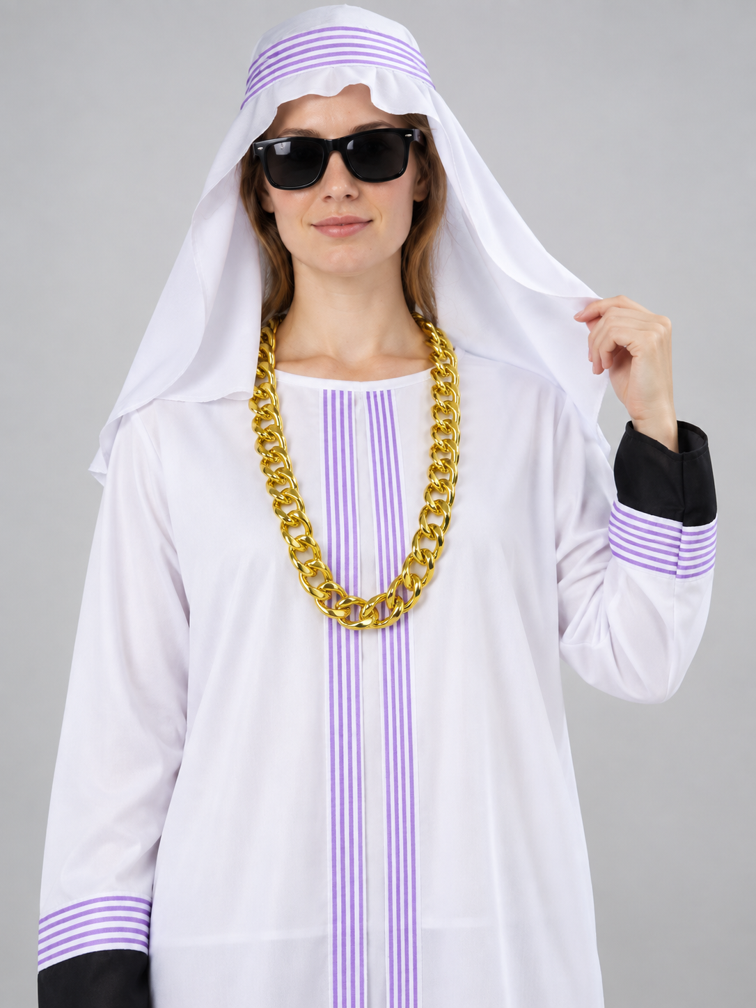 White carnival costume with purple stripes and chain