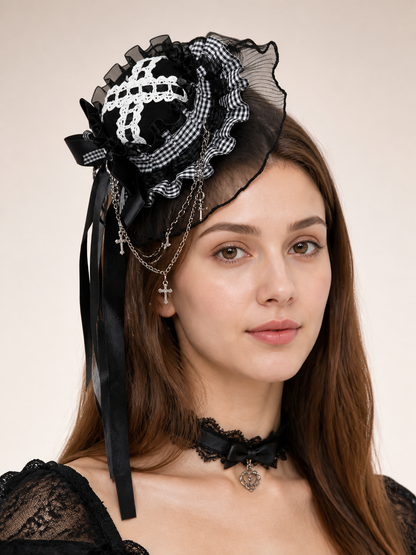 Gothic Carnival Top Hat with Bow and Ruffles for Cosplay Costume Headwear detail 2