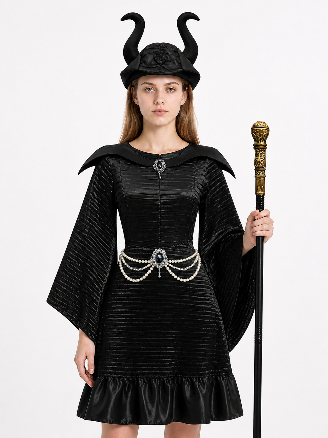 Black Halloween witch costume with crown and wand Costume Headwear detail 3