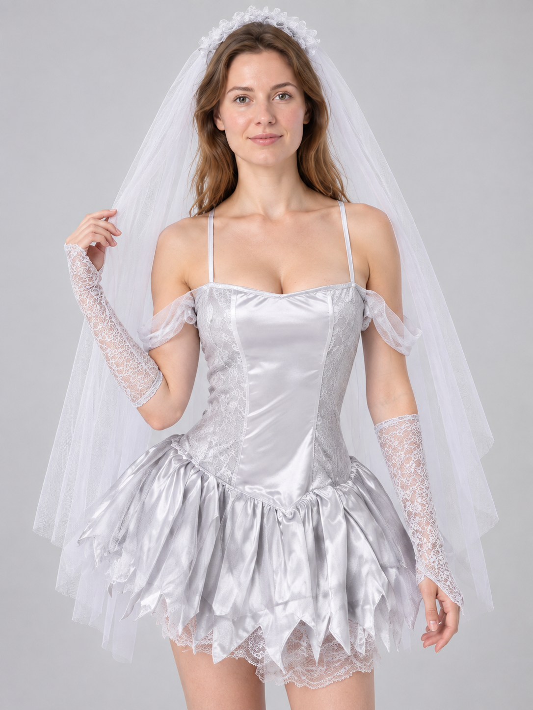 Ghost Costume: White Dress, Lace Gloves, Veil