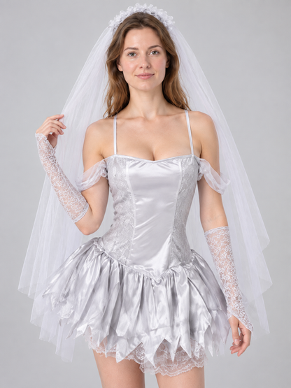 Ghost Costume: White Dress, Lace Gloves, Veil