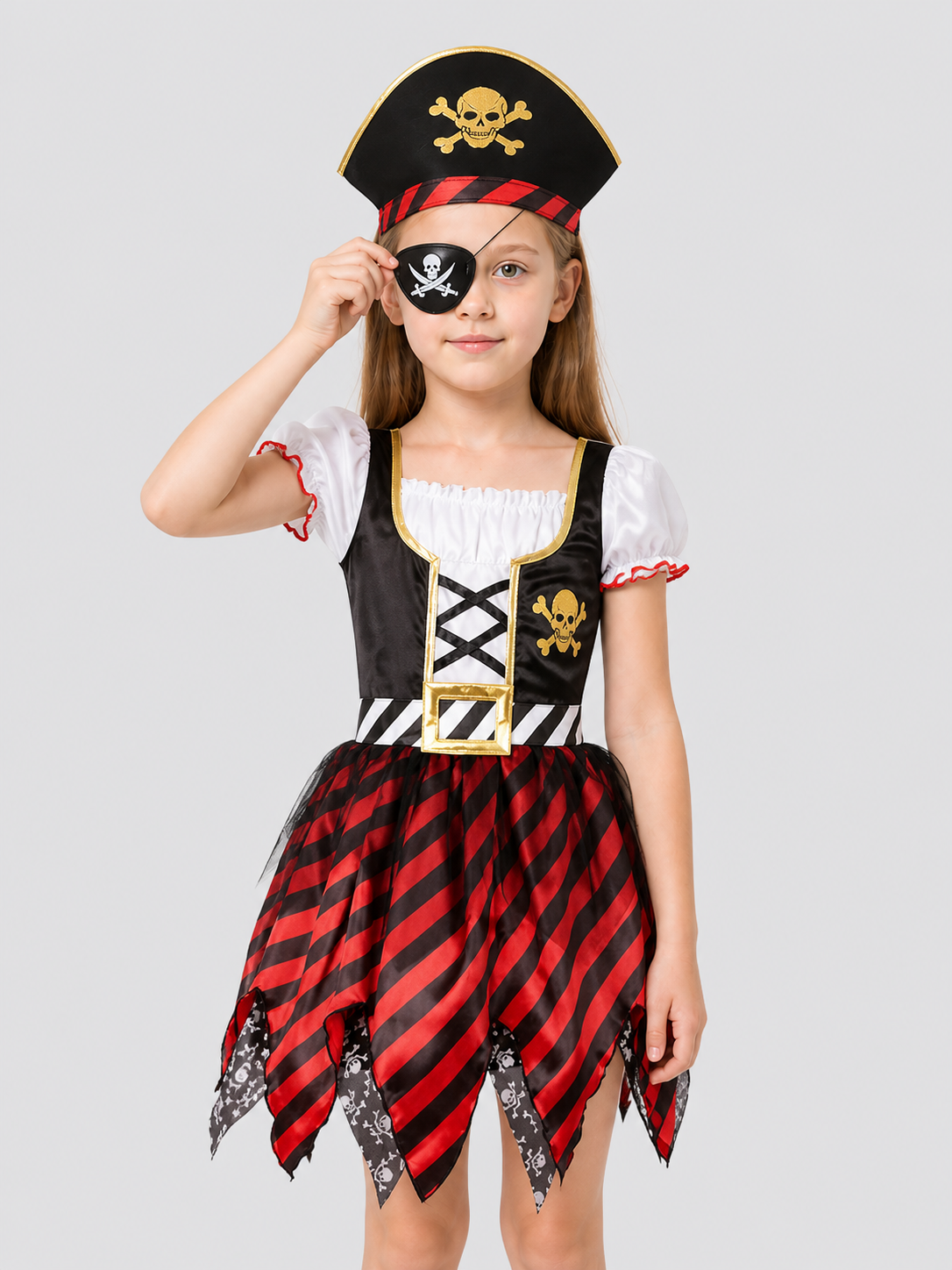 Kids' Pirate Costume: Striped Dress, Hat, and Eyepatch Costume Dresses detail 3