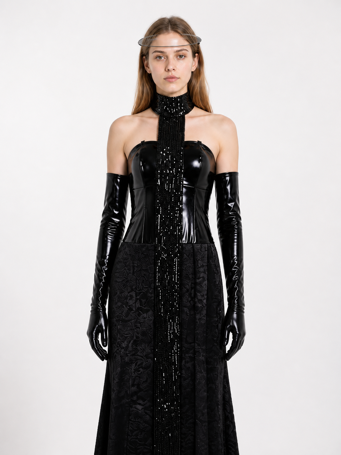 Long Black Sequin Dress with Gloves Costume Dresses detail 3