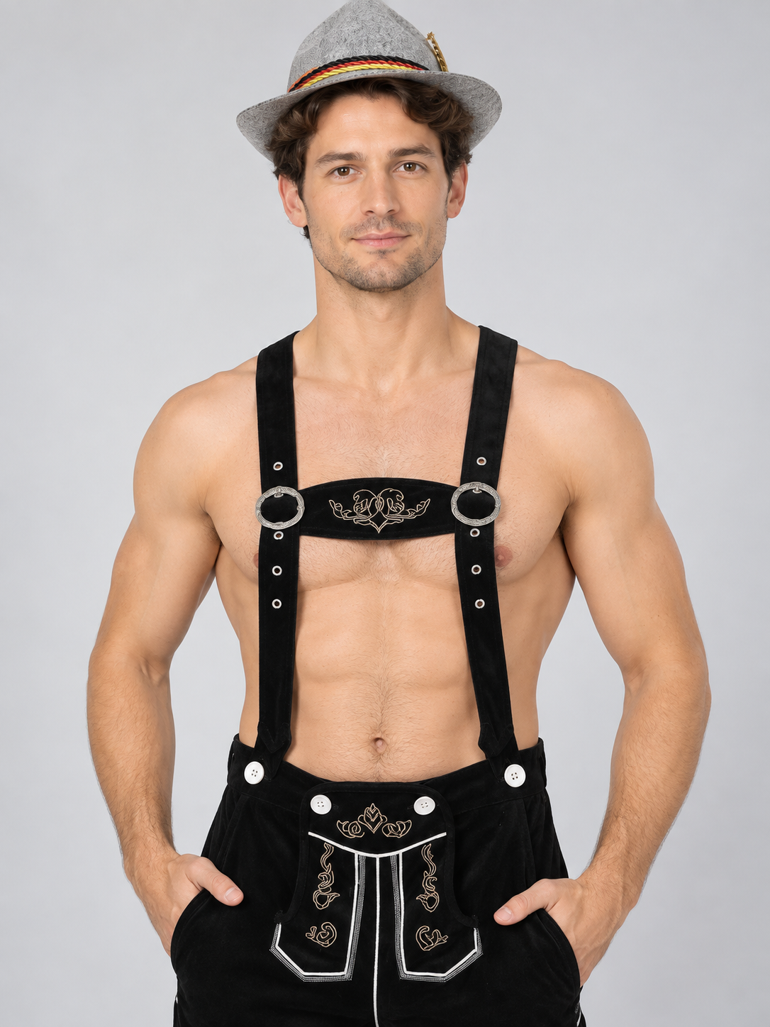Black Knee-Length Suspender Shorts with Embroidery