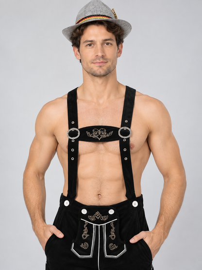 Black Knee-Length Suspender Shorts with Embroidery