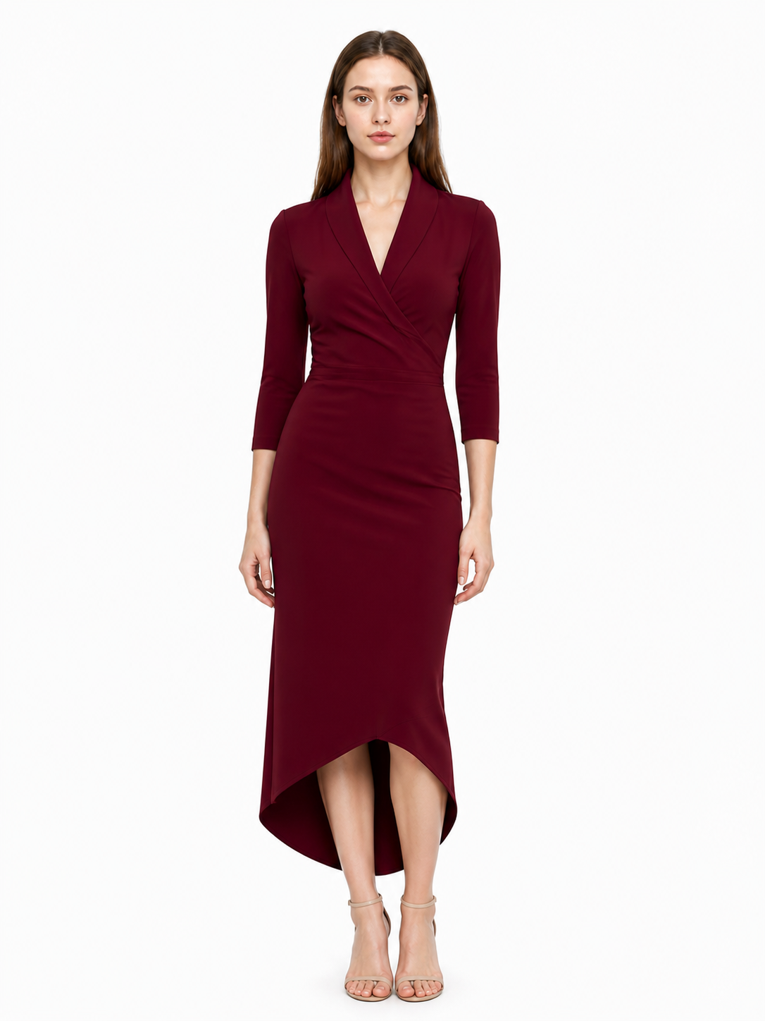 Burgundy Dress with a V-Neck and Asymmetrical Hem Costume Dresses detail 3