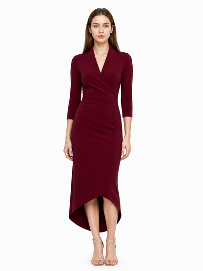 Burgundy Dress with a V-Neck and Asymmetrical Hem Costume Dresses detail 3