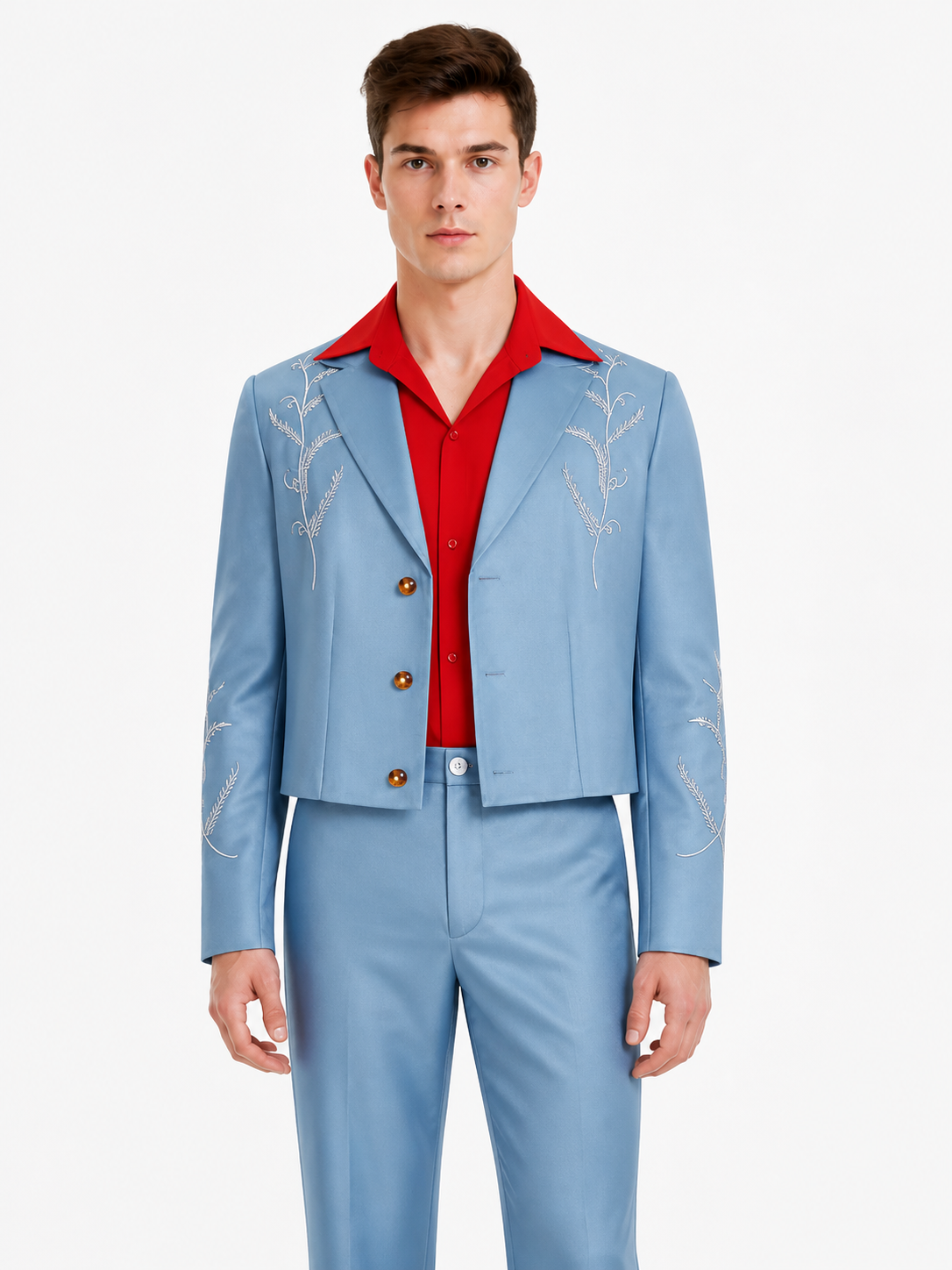 Three-piece suit with embroidery, light blue with a red shirt product detail 3
