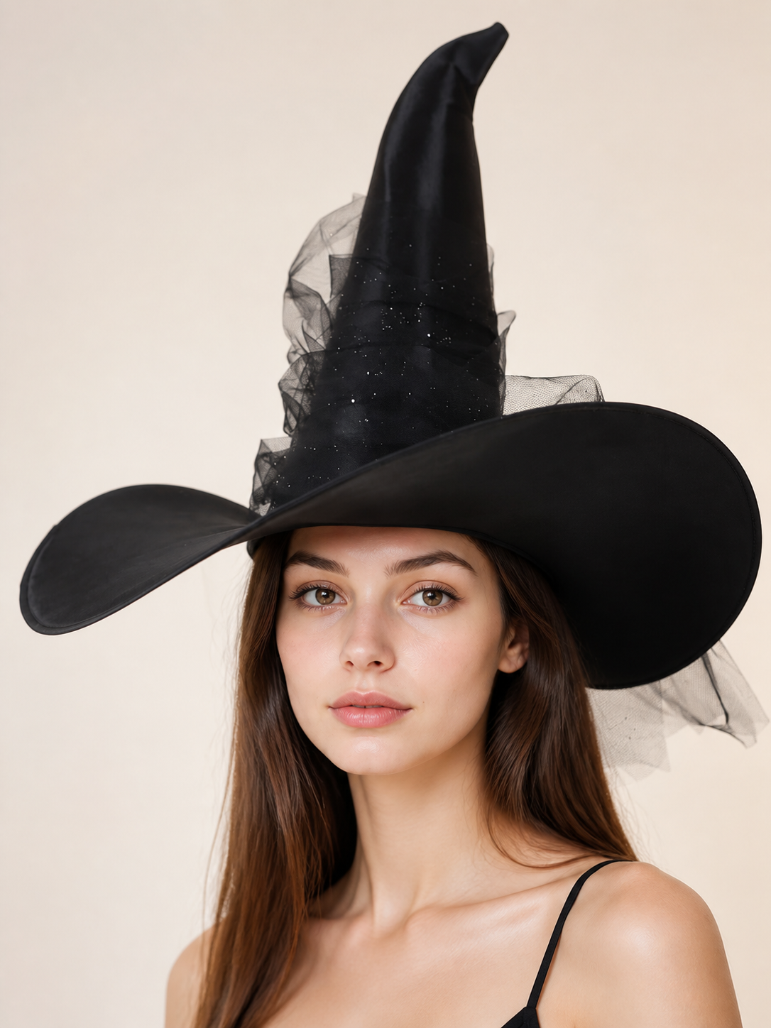 1pc Black Halloween Witch Hat Wide Brim Tall Pointed Wizard Cap with Mesh upper body view
