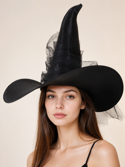 1pc Black Halloween Witch Hat Wide Brim Tall Pointed Wizard Cap with Mesh upper body view