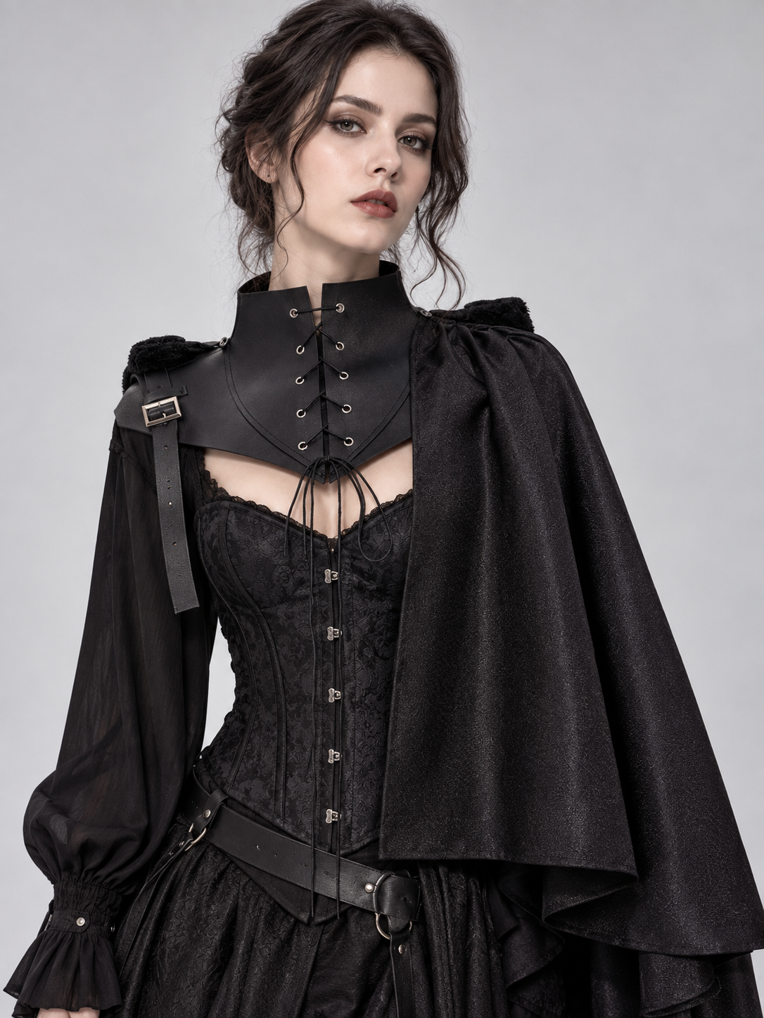 Medieval Black Cape with High Collar