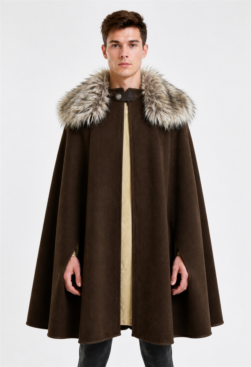 Long Brown Cape with Fur Collar Costume Capes detail 3