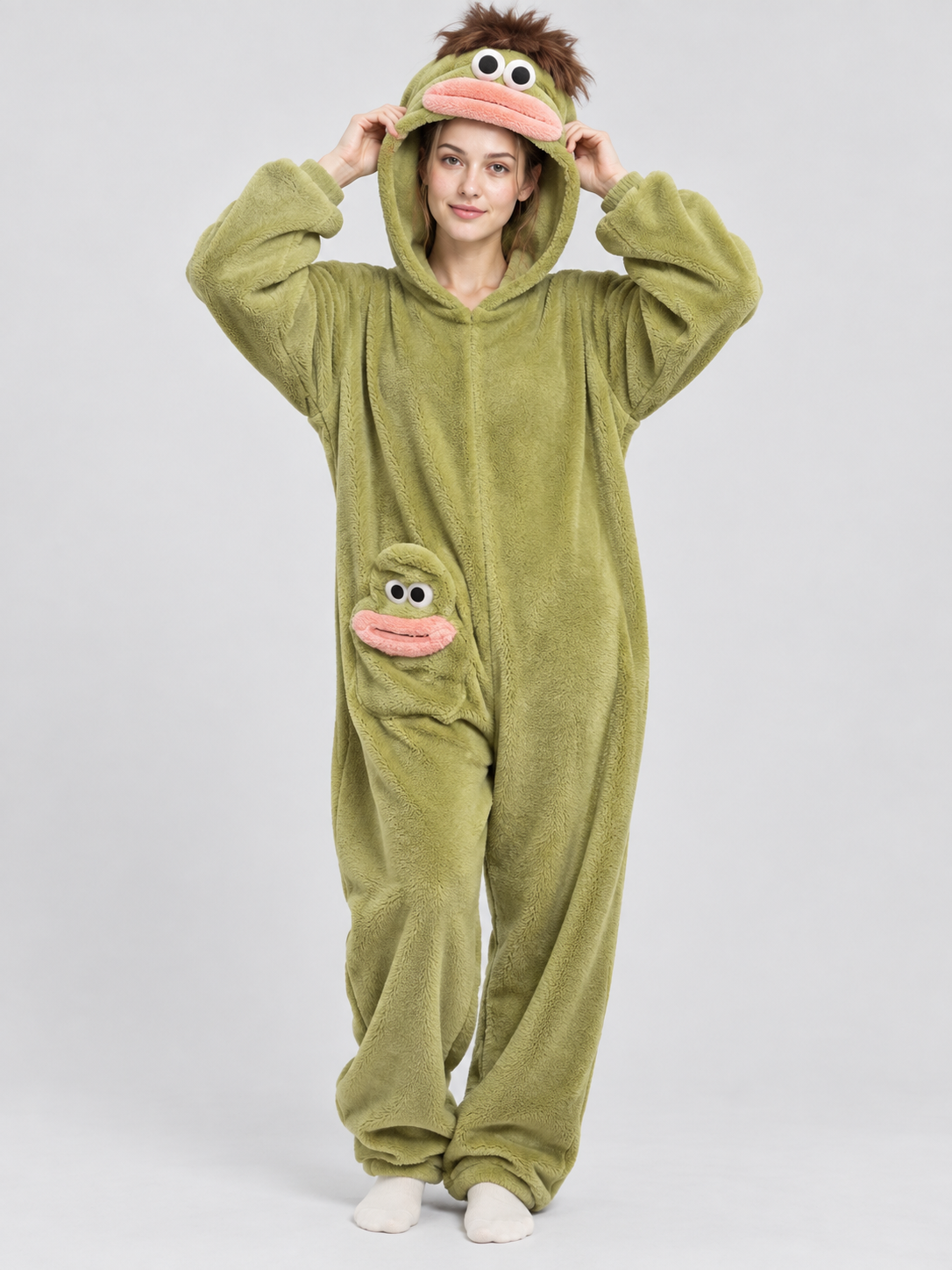 Coral Fleece Pajama Jumpsuit with Cartoon Decor