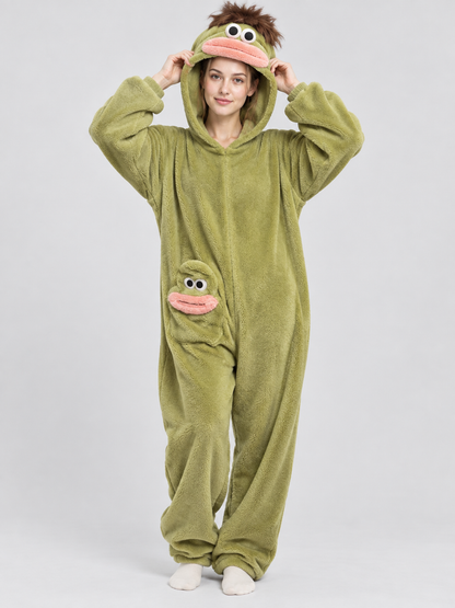 Coral Fleece Pajama Jumpsuit with Cartoon Decor