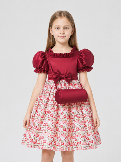 Burgundy Princess Dress with Floral Print and Bow Costume Dresses detail 3