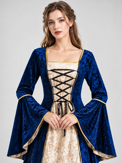 Long Blue Velvet Corset-Style Carnival Dress with Lacing