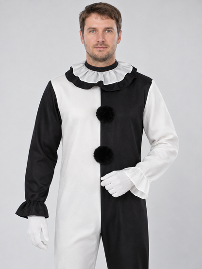 Black and White Clown Costume for Cosplay with Jabot and Pom-Poms