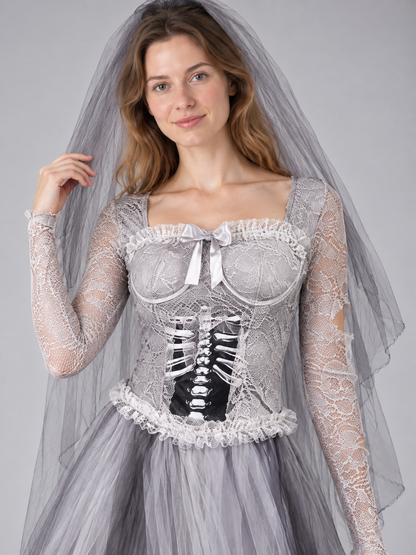 Skeleton Bride Costume with Gray Dress and Veil