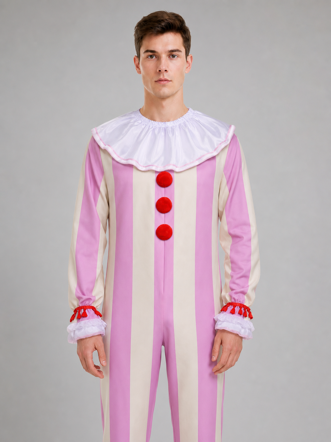 Pink-and-white striped clown costume for cosplay