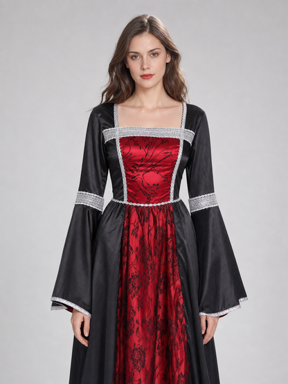 Red and Black Long Dress with Cape and Necklace