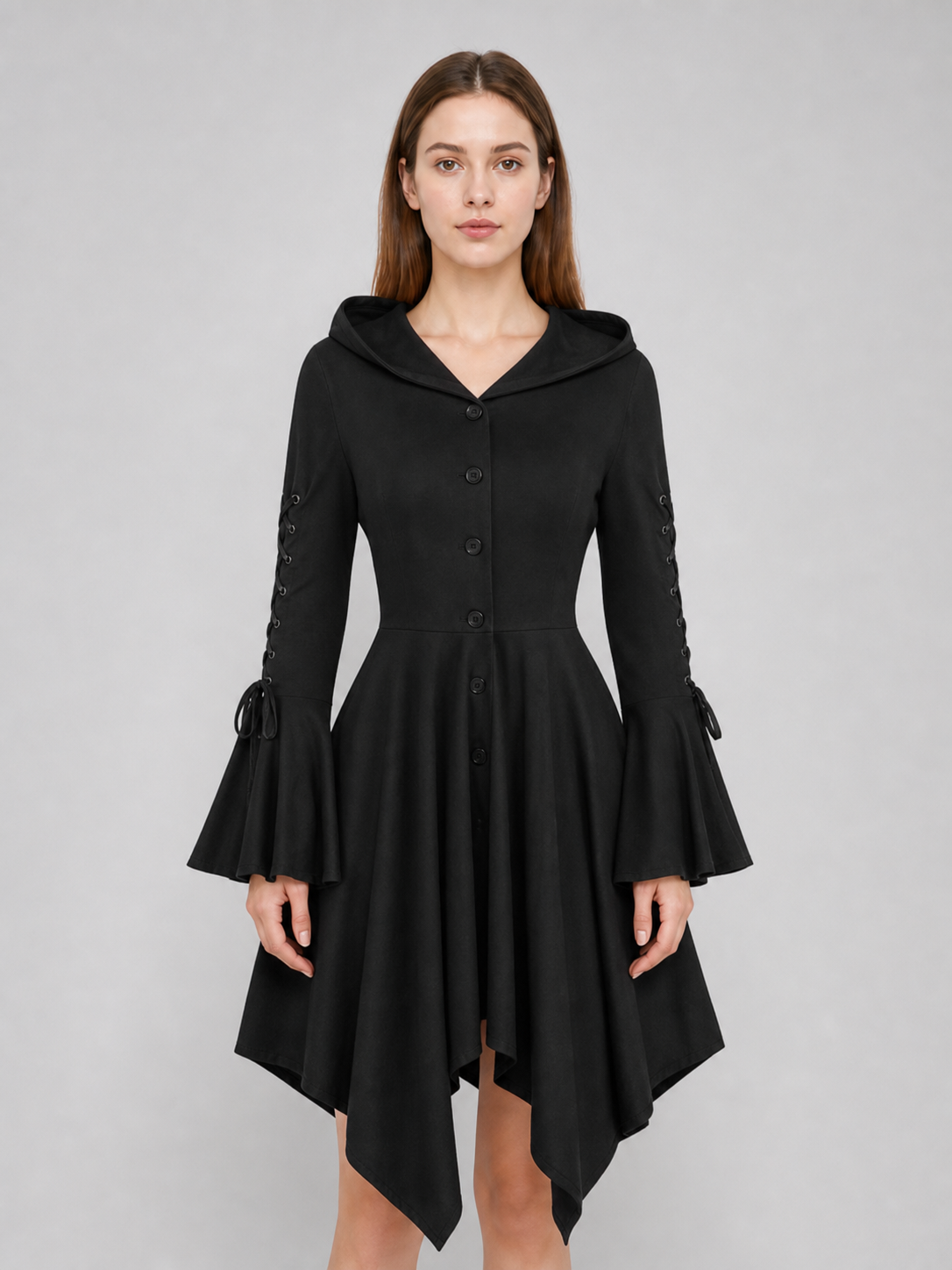 Gothic Hooded Dress with an Asymmetrical Hem