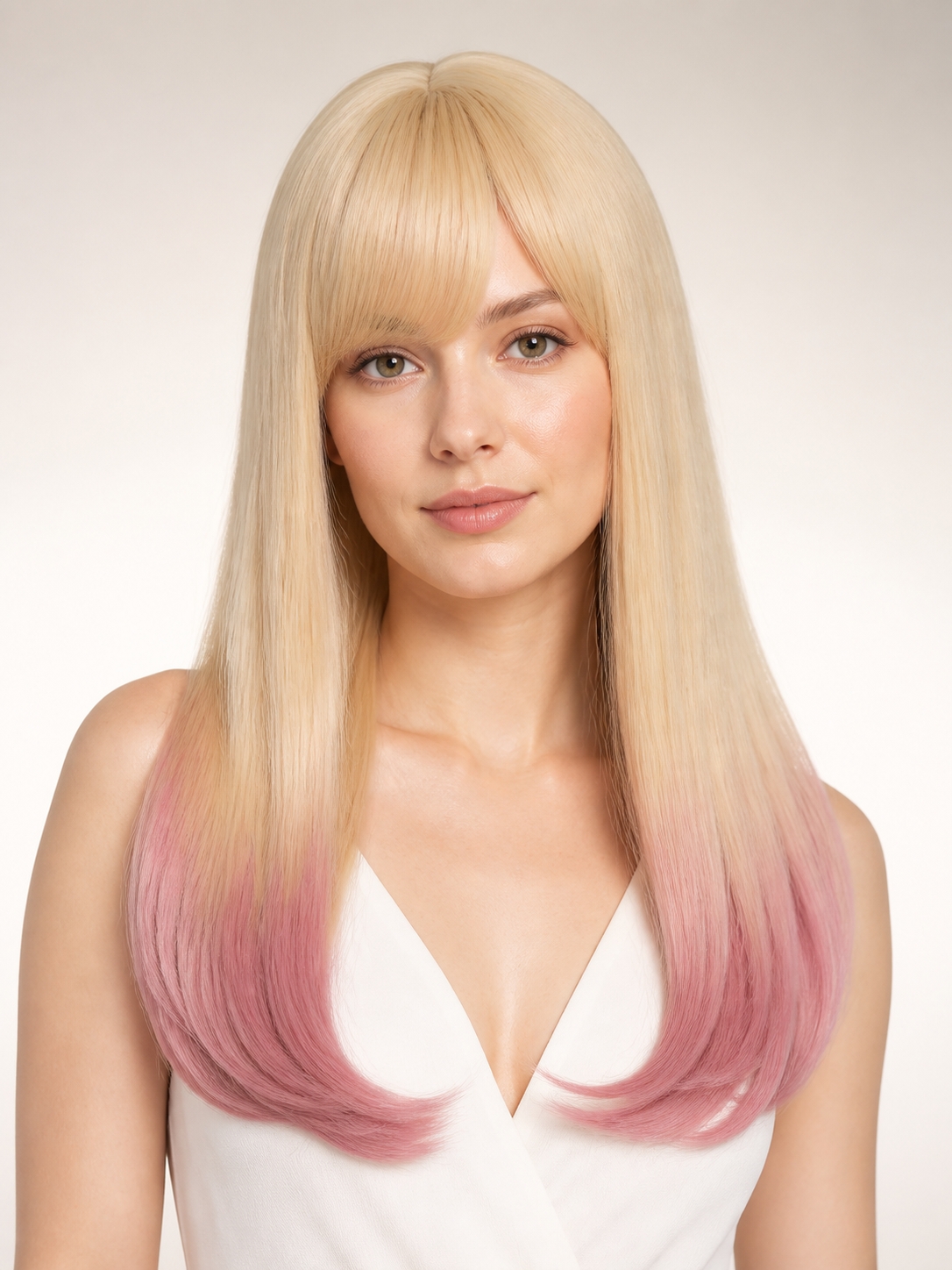 Long Carnival Wig with Bangs, Blonde-to-Pink Gradient Costume Wigs detail 2