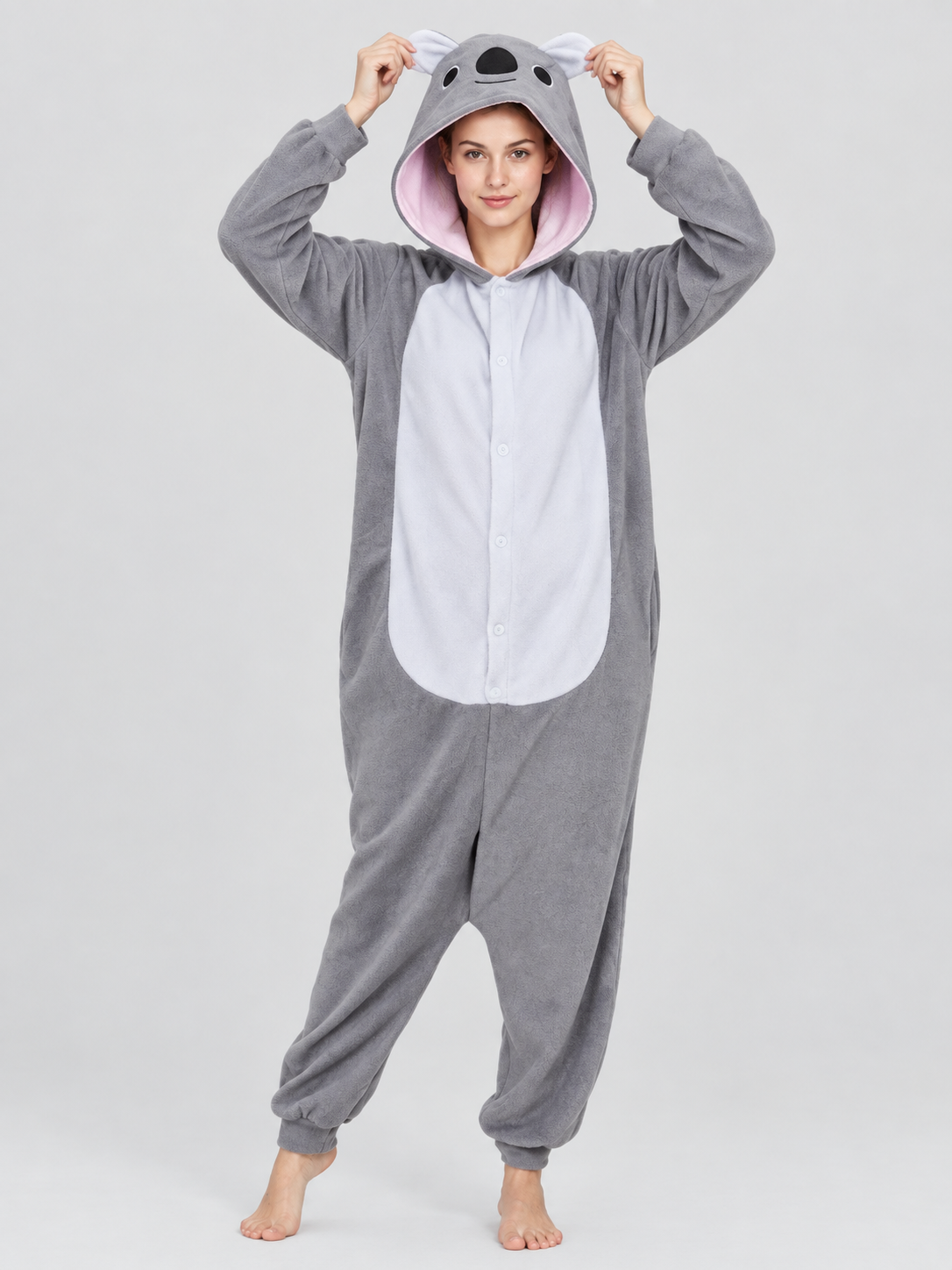 Gray Fleece Hooded Pajama Jumpsuit with Animal Face Hood