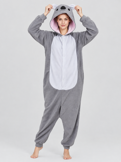 Gray Fleece Hooded Pajama Jumpsuit with Animal Face Hood