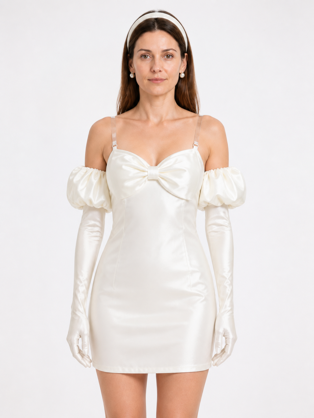 Short White Dress with Puff Sleeves and a Bow Costume Dresses detail 3