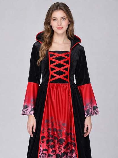 Gothic Hooded Dress, Black and Red Print