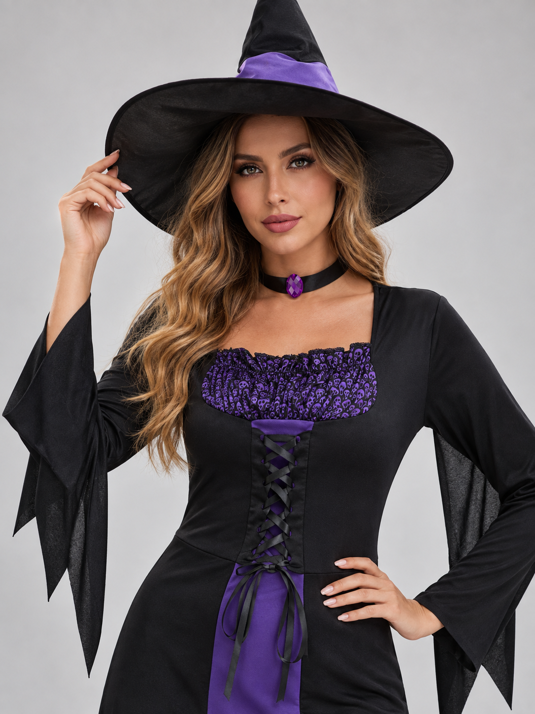 Witch Costume: Black and Purple Dress, Hat, and Neck Accessory