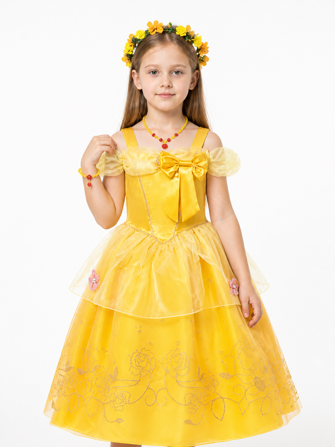 Yellow Princess Dress with Flowers and Bow Costume Dresses detail 3